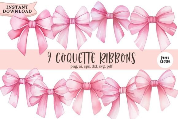 Coquette Bows PNG Watercolor Clipart Set