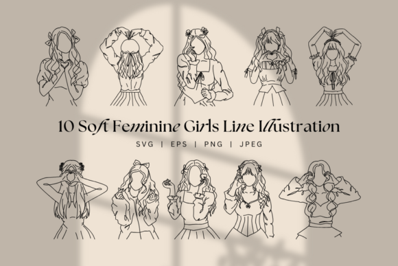 Feminine Girl Line Art Graphics for Branding and Marketing