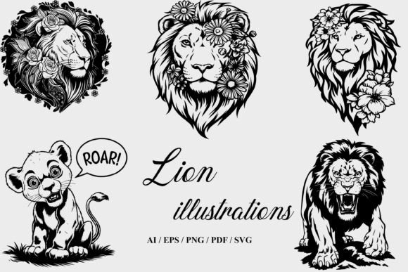 Lion Floral Minimalist Black White Graphics