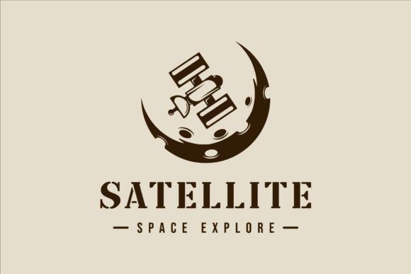 Satellite at Moon Logo Vintage Vector Graphics