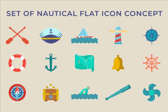 Set of Nautical Flat Icon Color Vector Graphics