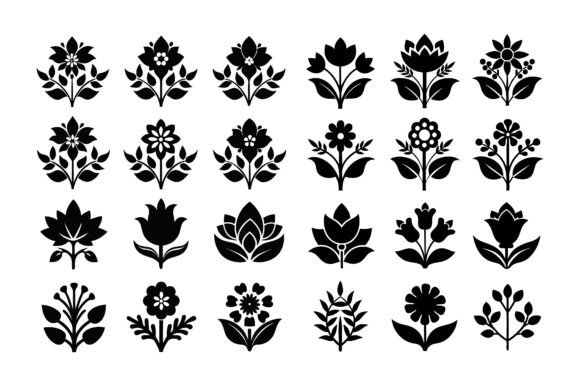 Simple Floral Icon Silhouette Set Graphics for Print Materials Mockups