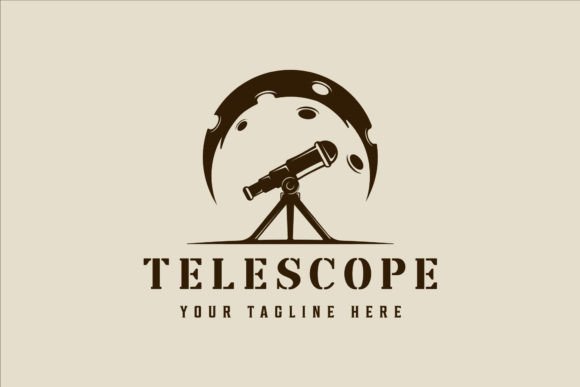Telescope and Moon Logo Vintage Vector Graphics